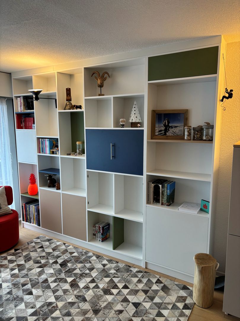 Large, colorful custom-made living room bookshelf - Vue 1