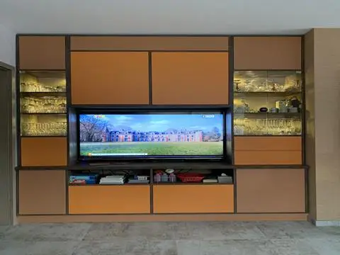 Custom TV Cabinet with Colorful Storage and Glass Door