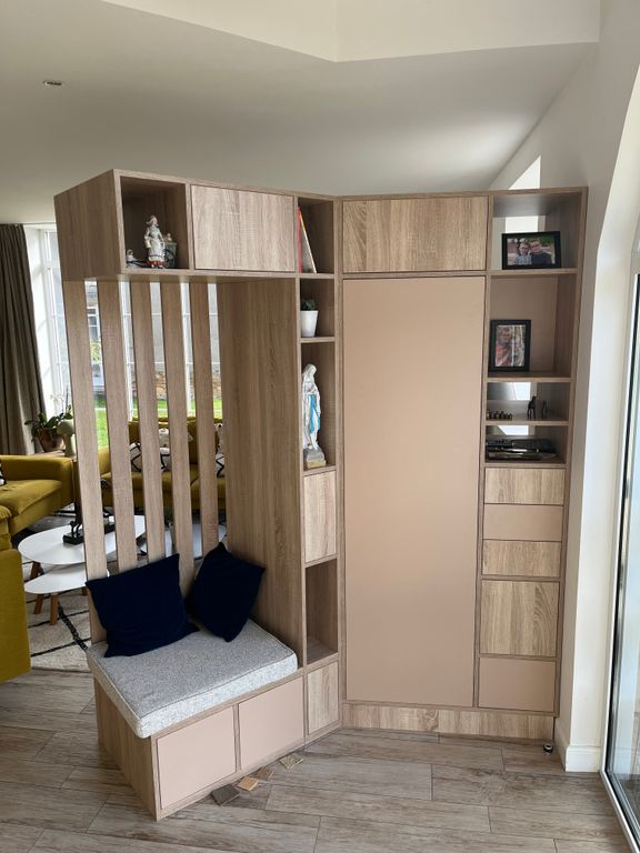 Meuble d'entrée en angle bi-face sur mesure