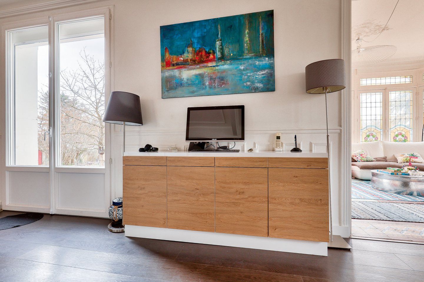 Commode blanche et bois sur mesure