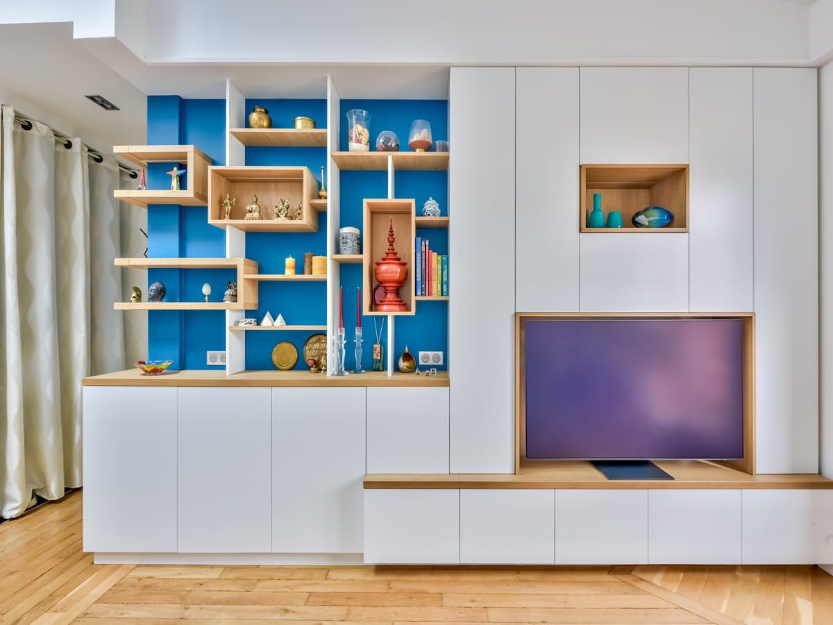 Ensemble meuble d'entrée et salon en angle avec espace TV - Vue 1